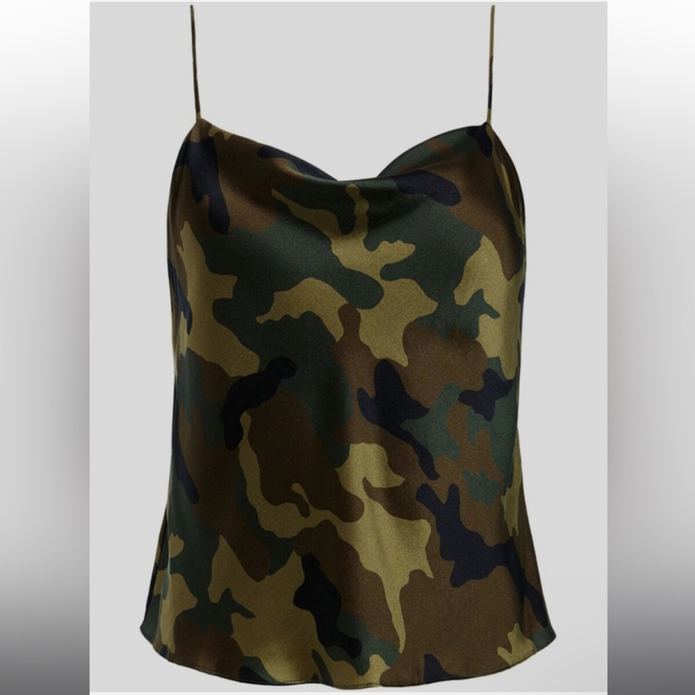Alice + Olivia Camouflage Print Satin Cowl Neck Slip Tank